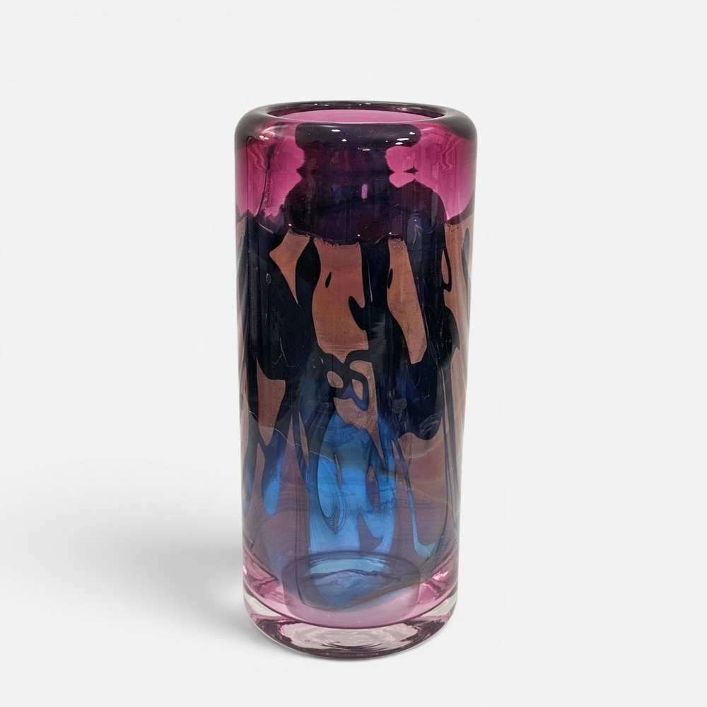 Brent Kee Young Studio Art Glass Vase Abstract Hand Blown Cylinder Signed